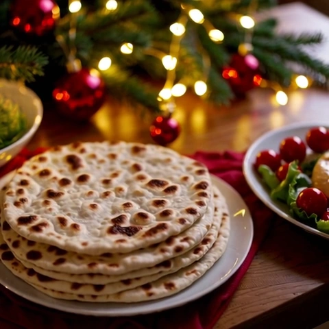 A festive table setting featuring freshly baked flatbreads by Farhat Bakery Equipment stacked on a white plate, surrounded by holiday decorations, including string lights, red ornaments, and fresh greens.
