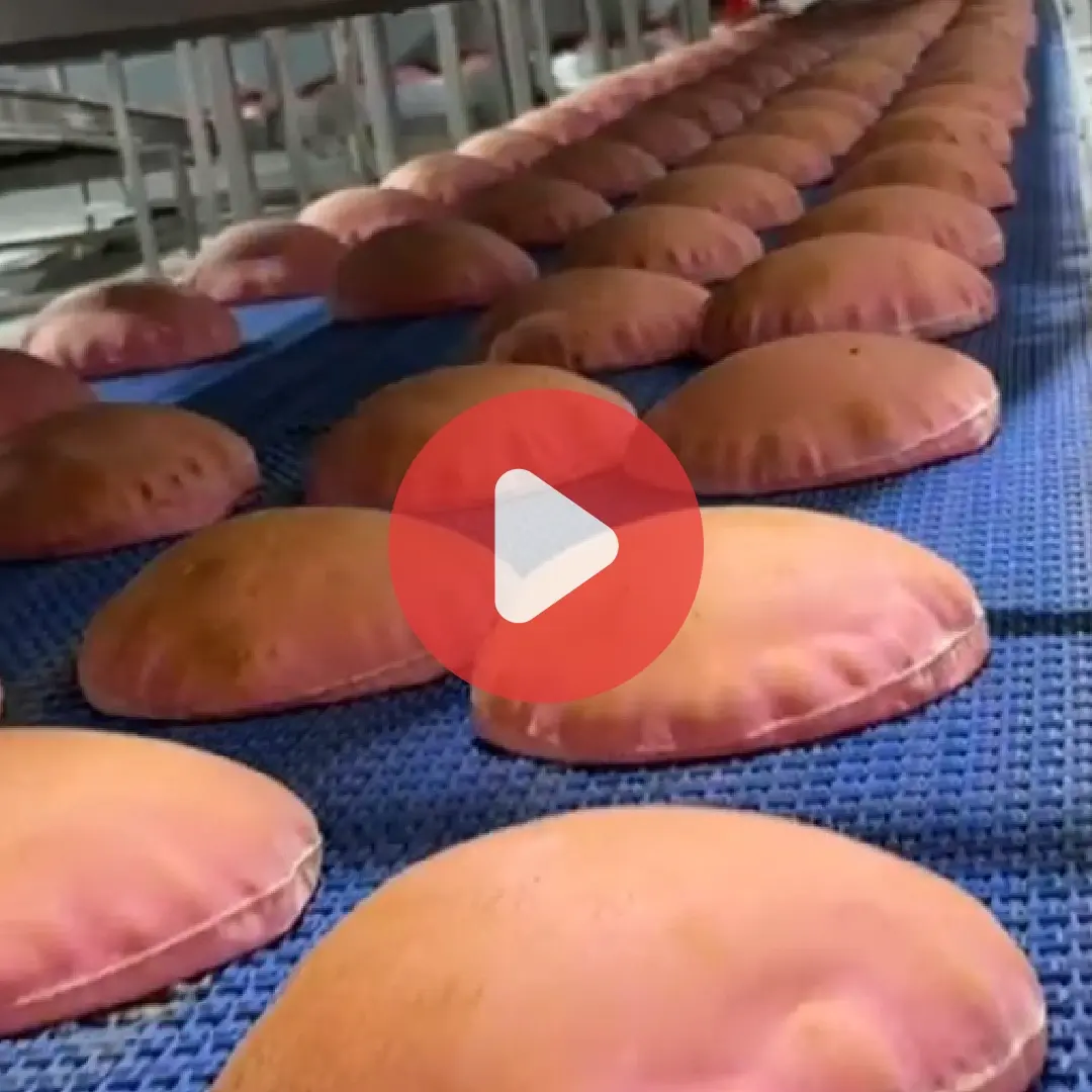 Flavored Lebanese pocket breads puffing on a blue mesh conveyor as they exit a Farhat tunnel oven, showing even lift and uniform color.