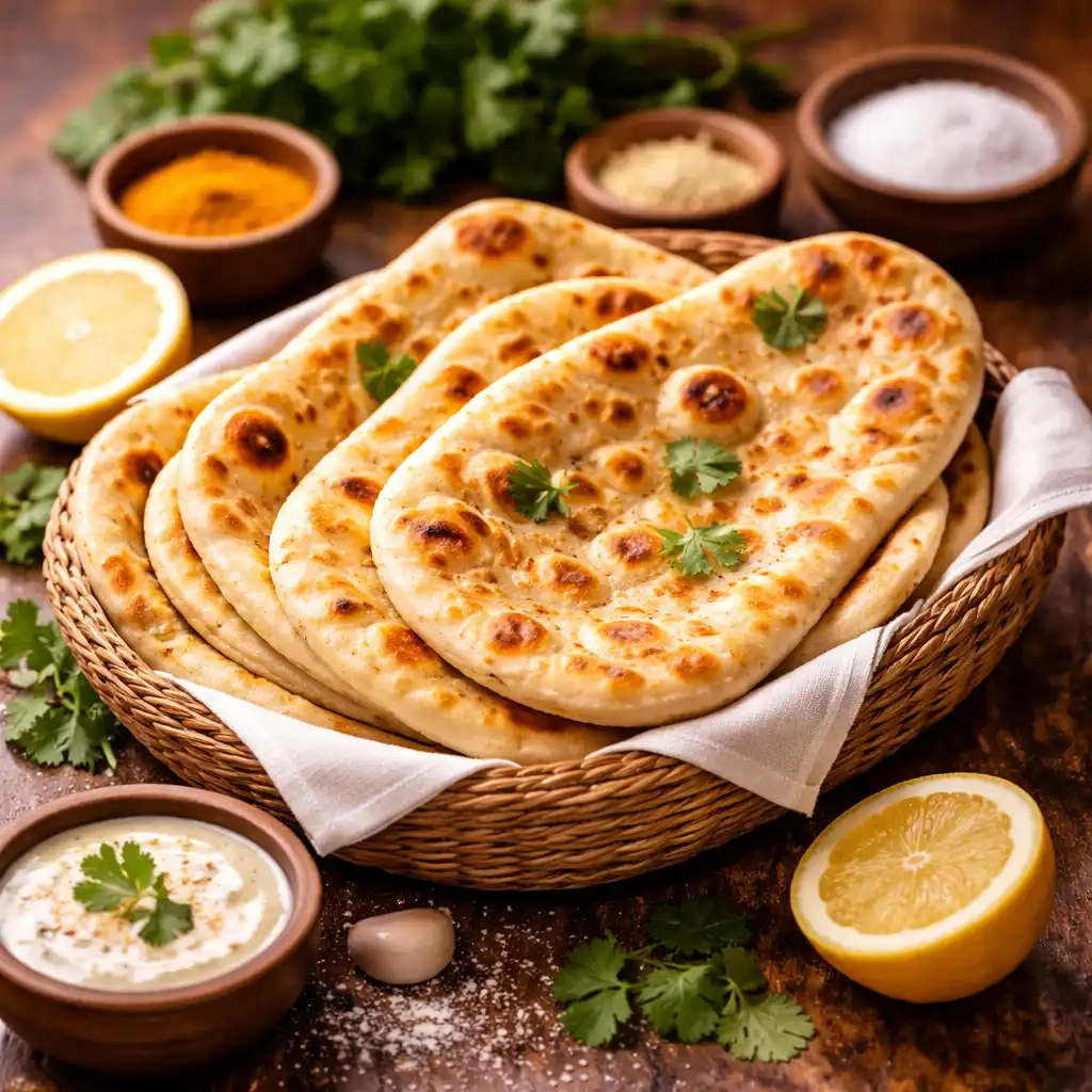 Freshly baked naan bread arranged in a woven basket on a rustic wooden table, surrounded by yogurt sauce, lemon, garlic, herbs, and spices in a warm food styling scene.
