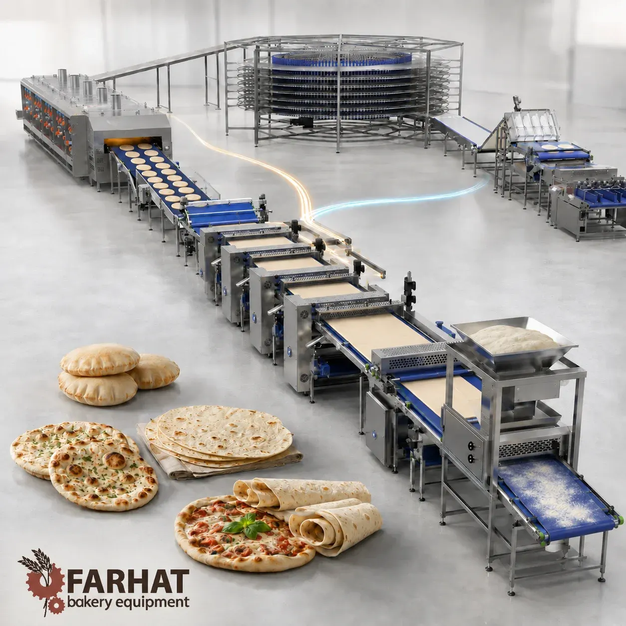 Farhat Bakery Equipment continuous sheeting line producing pita, lavash, tortillas, naan and pizza bases from dough feeder to tunnel oven and spiral cooling tower