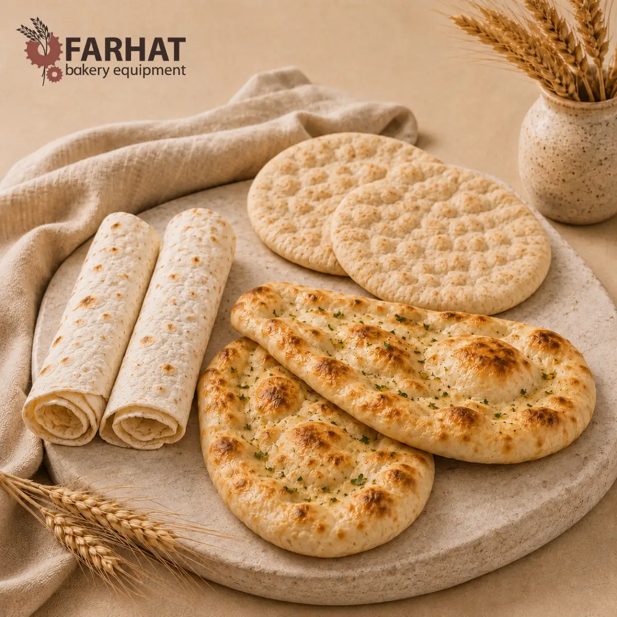 Assorted Farhat flatbreads including Greek pita, thin lavash, and tear-drop naan displayed on a rustic stone table with wheat and the Farhat Bakery Equipment logo.