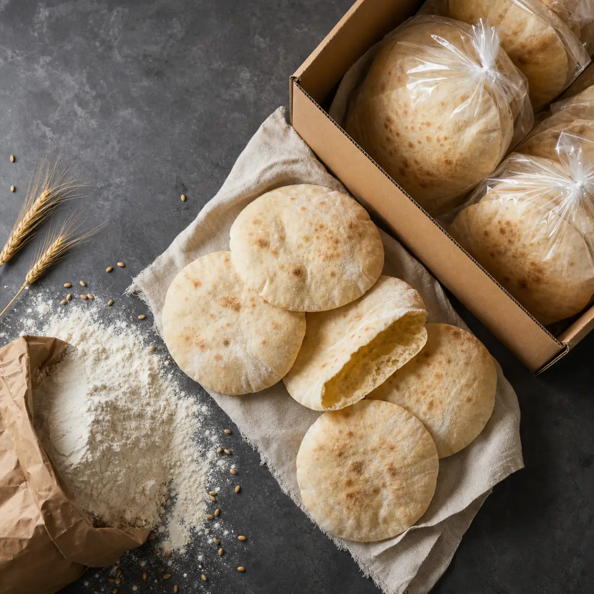 Flour, thin Lebanese pita and clear multi-pita packages arranged from raw material to a wholesale carton