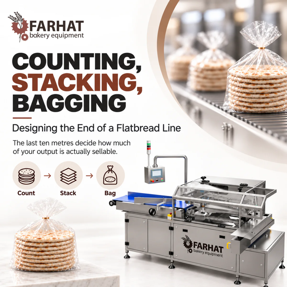 Farhat bread bagging machine with bagged pita stacks on a conveyor, illustrating counting, stacking and bagging at the end of a flatbread line